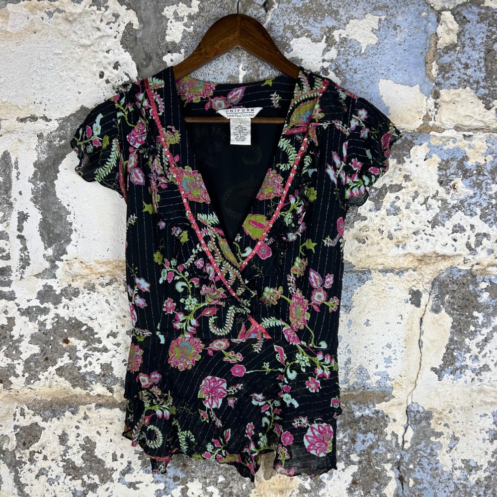 Y2K Uniform John Paul Richard Blouse Black Floral Sequin Wrap Top Womens L